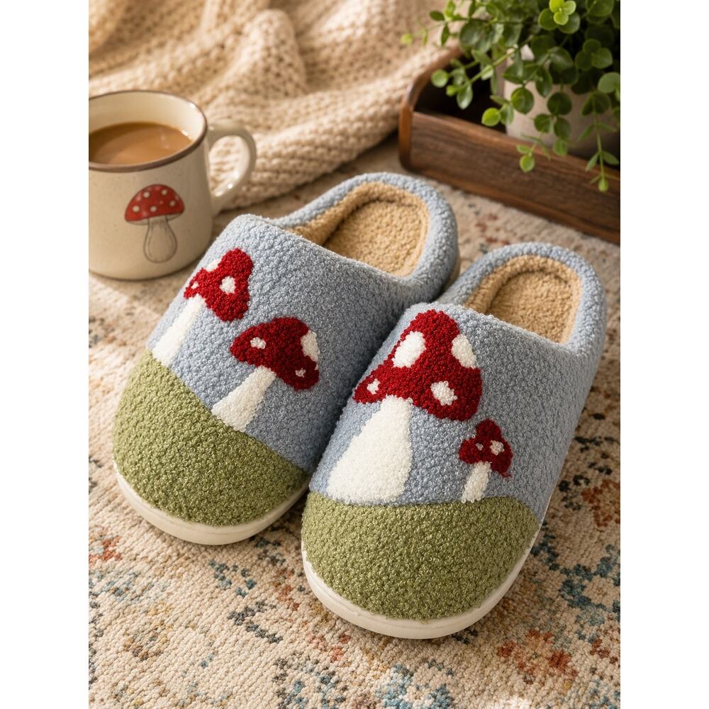 NWT Zenana Mushroom Sherpa Slippers Women's 8-9.5 Cozy Cottagecore House Shoes